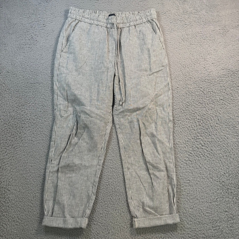 J.Crew Women 4 Seaside Pant Linen Cotton Navy White Stripe Elastic Drawstring